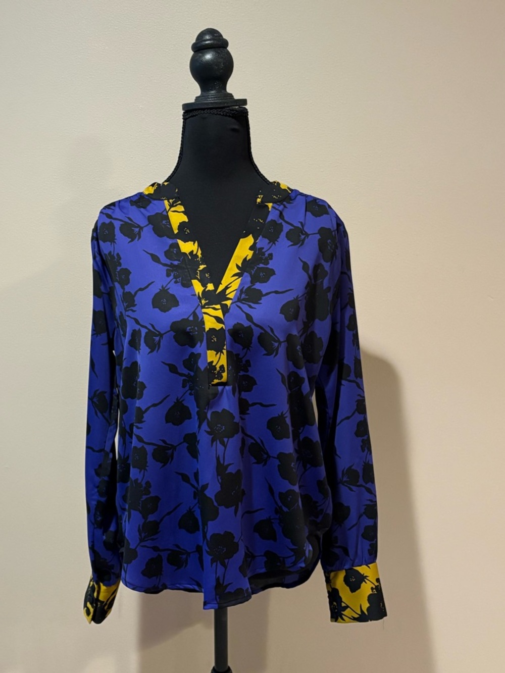 Blue Floral Long-Sleeve V-Neck Blouse with Yellow Trim